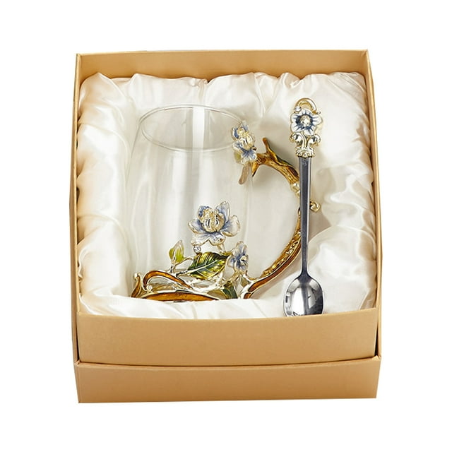Taza de café de cristal con forma de iris artesanal esmaltada, taza de té, caja de regalo para mujer con hermosa cuchara de acero, madre, niña, novia, cumpleaños, día de la madre, regalo