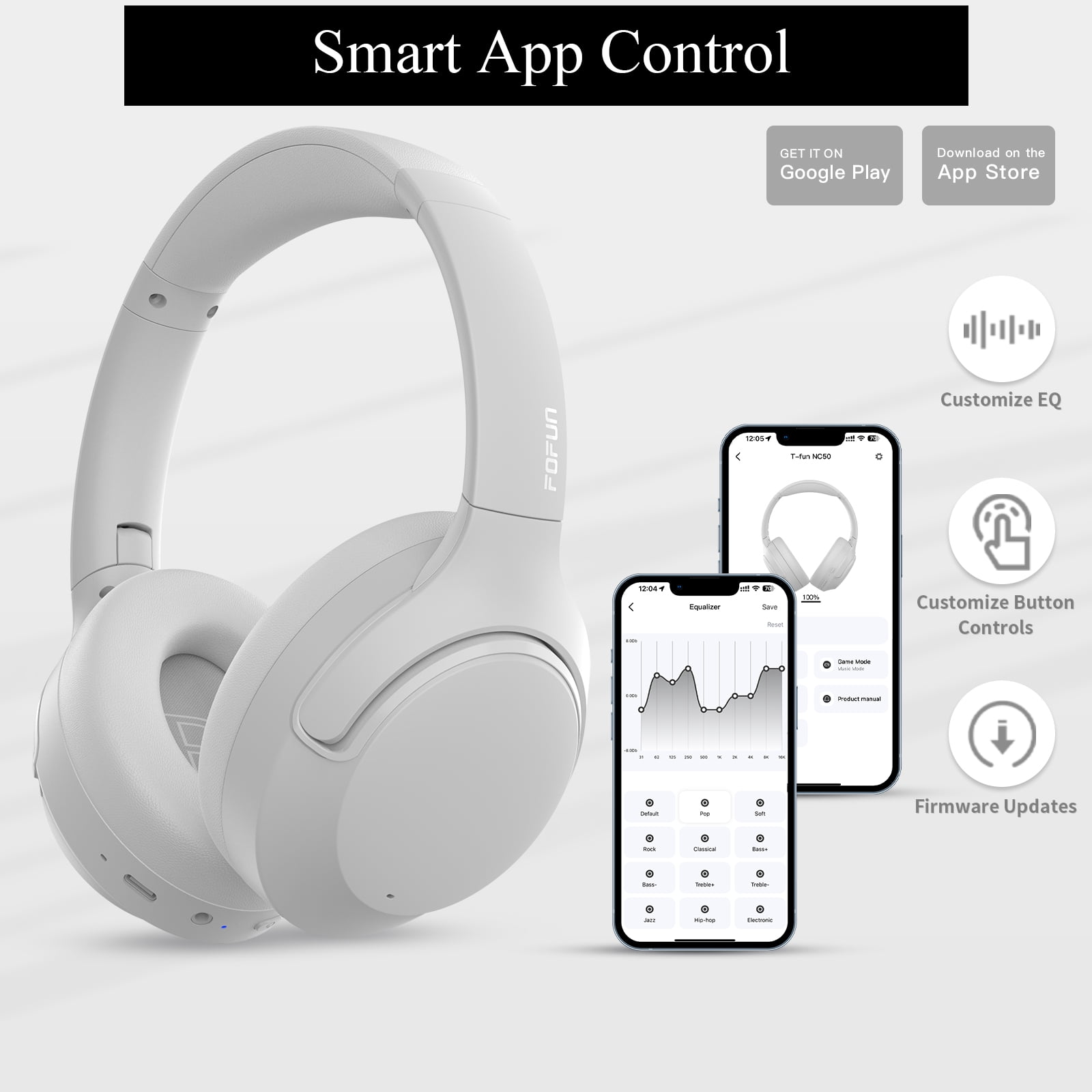 FOFUN NC50 Hybrid Active Noise Cancelling Headphones Wireless Bluetooth 6.0, Foldable Over Ear Headphones, Custom EQ via App, 65 Hours Playtime, Low Latency Game Mode, Multipoint Connection