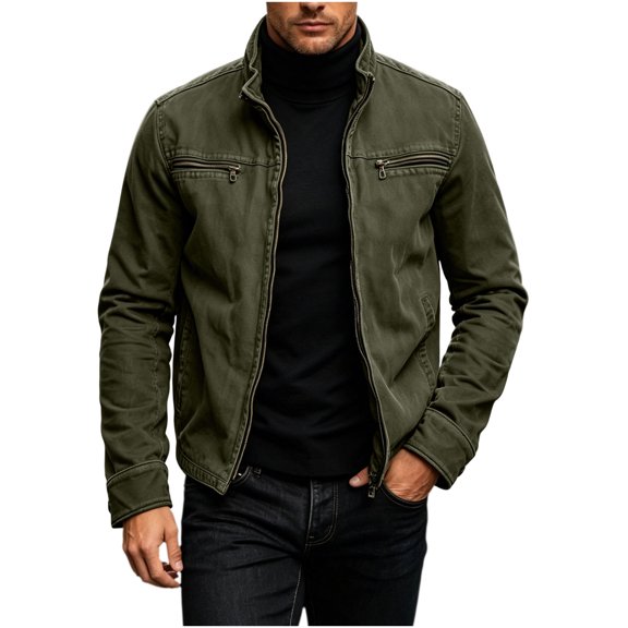 qafoshin Stand Collar Casual Jacket for Men, Fall Fashion Solid Color Long Sleeve Full‑Zip Outerwear with Pockets