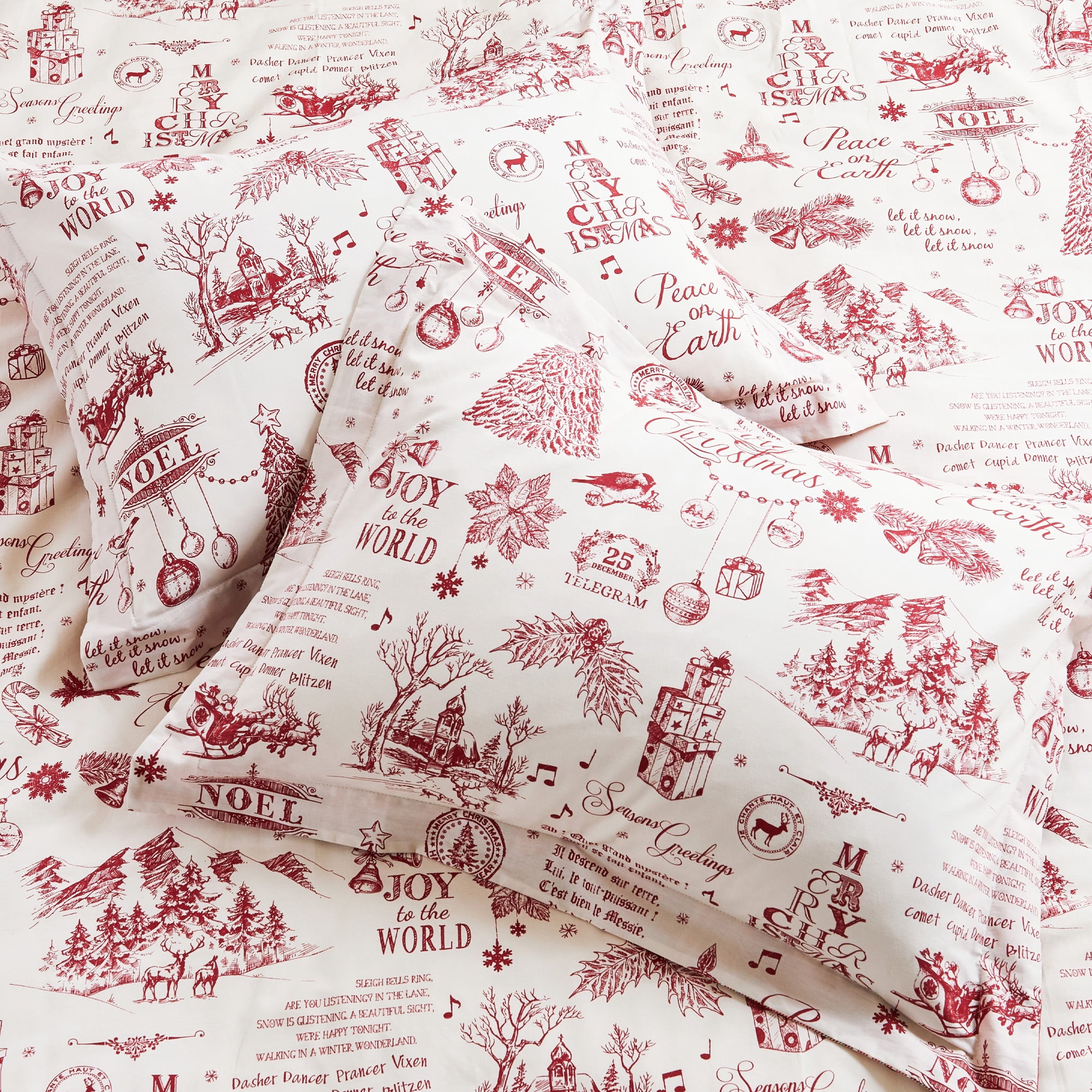 Levtex Home - Yuletide Comforter Set - Twin Comforter + One Standard Pillow Cases - Christmas Holiday Script - Red and Cream - Comforter (68 x 88in.) and Pillow Case (26 x 20in.) - Cotton