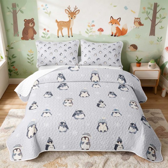 Erosebridal Penguin Twin Quilt Set for Boys Girls, Winter Hats Twin Coverlet Set, 2pcs 1 Bedspread and 1 Pillowcase
