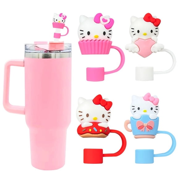 4-pack of cartoon anime straw caps,Pink Cat 10mm (0.4 inch) cute water bottle accessories, dustproof and reusable silicone water bottle straw caps