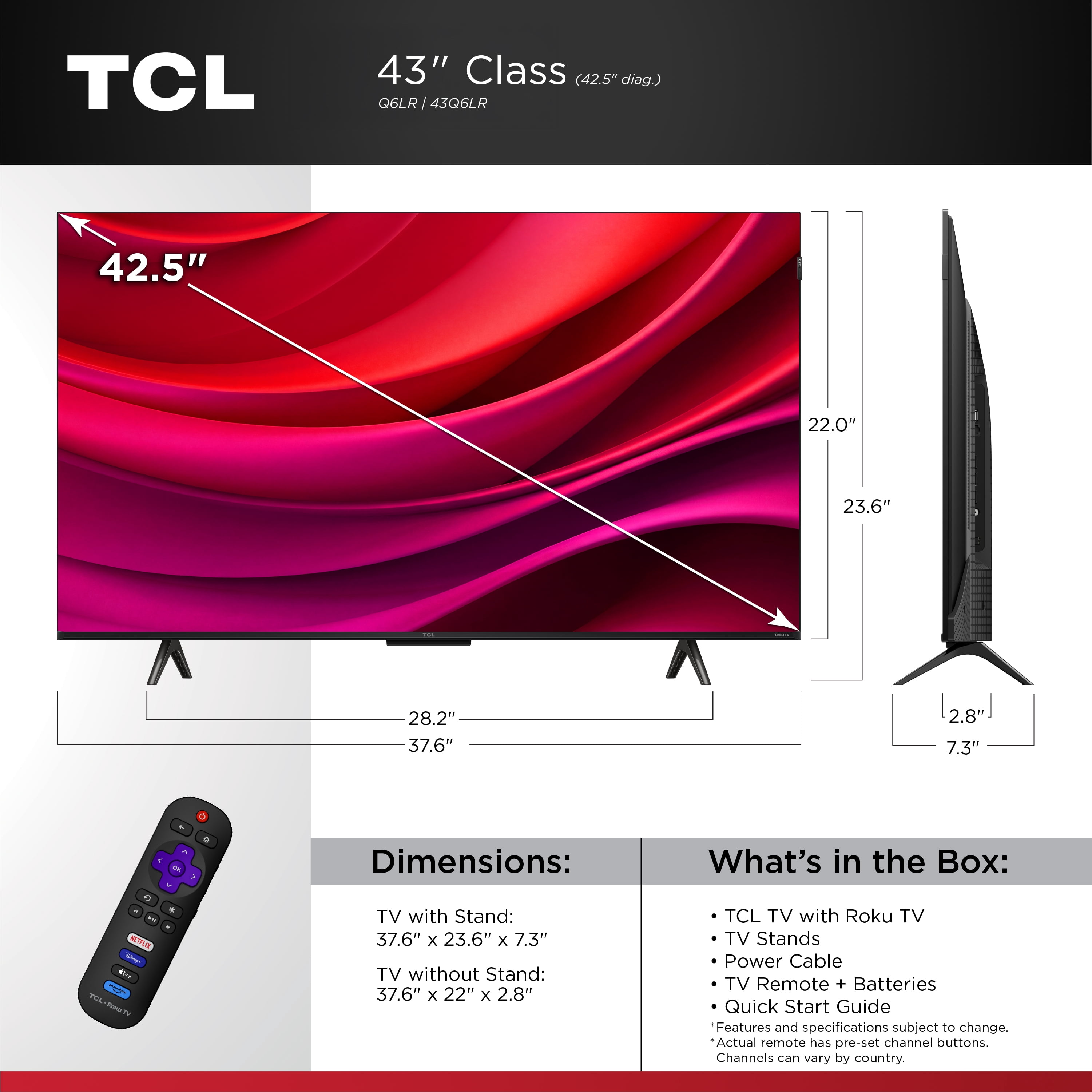 TCL 43” Class Q6LR Series QLED 4K UHD HDR Smart Roku TV (New 2026) - High Brightness+ LED Backlight, Auto Game Mode, Motion Rate 240 with MEMC, Voice Remote Control - 43Q6LR