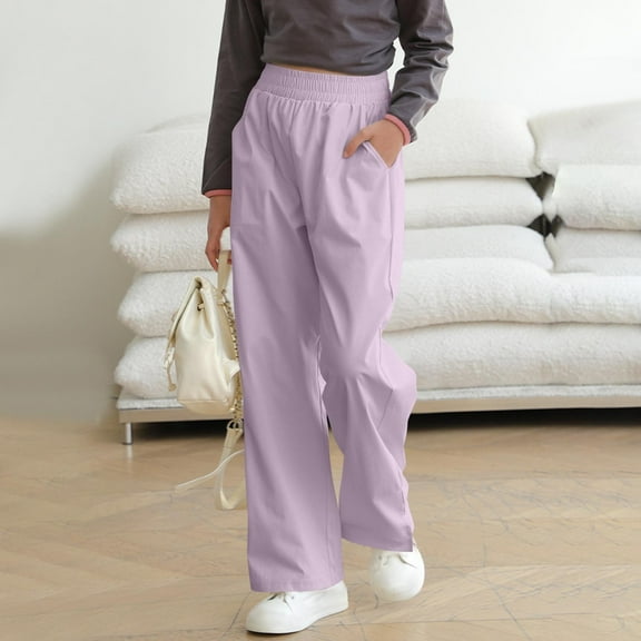 Cethrio Girls Summer Pants, Relaxed Casual Elastic Waist 2025 Athletic Pants Purple Size 14-16 T