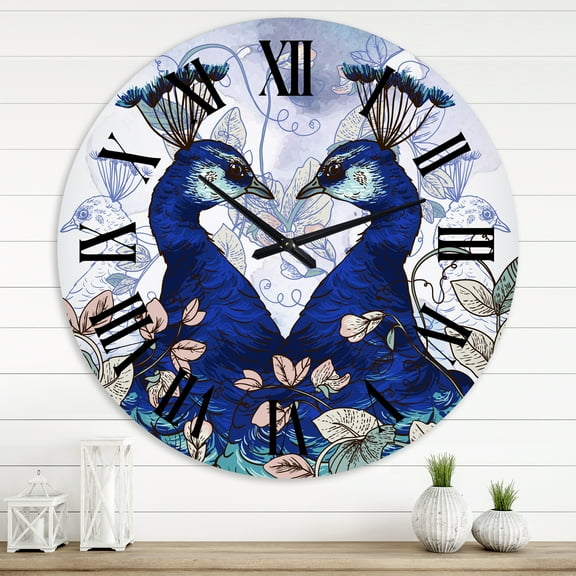 Designart 'Two Blue Peacocks With Wildflowers' Traditional Wall Clock