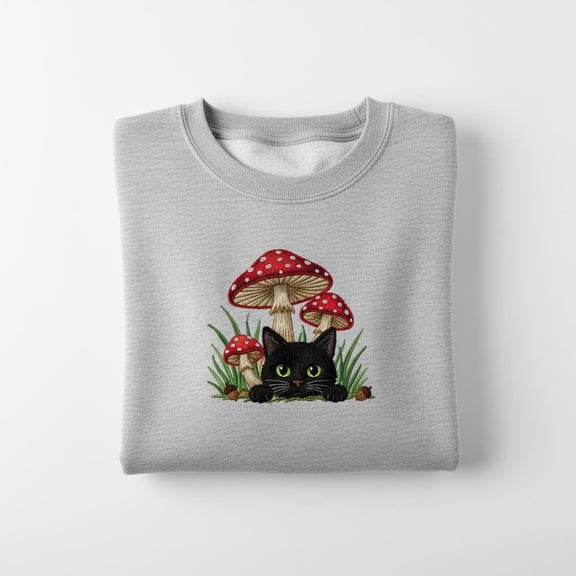 Grumpy Peeking Black Cat Behind Mushrooms Embroidered Sweatshirt, Forest Goblincore Apparel, Cute Feline Nature Lover Gift