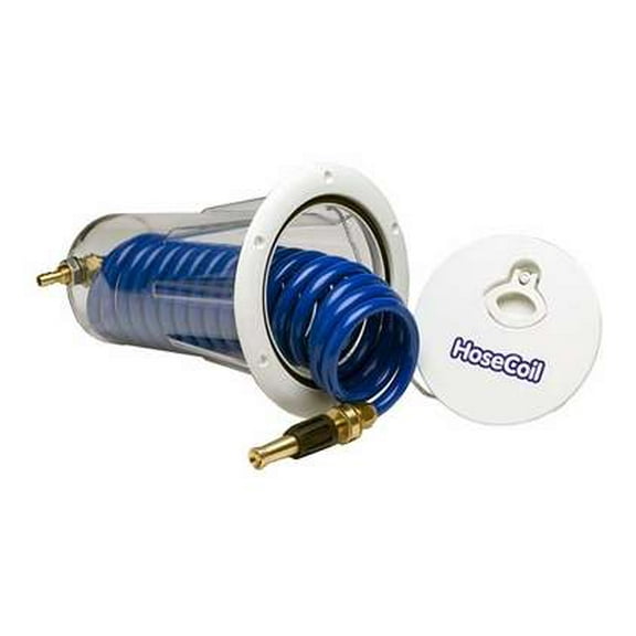 HoseCoil Flush Mount White Enclosure w/ 15' Blue Coiled Hose & Nozzle