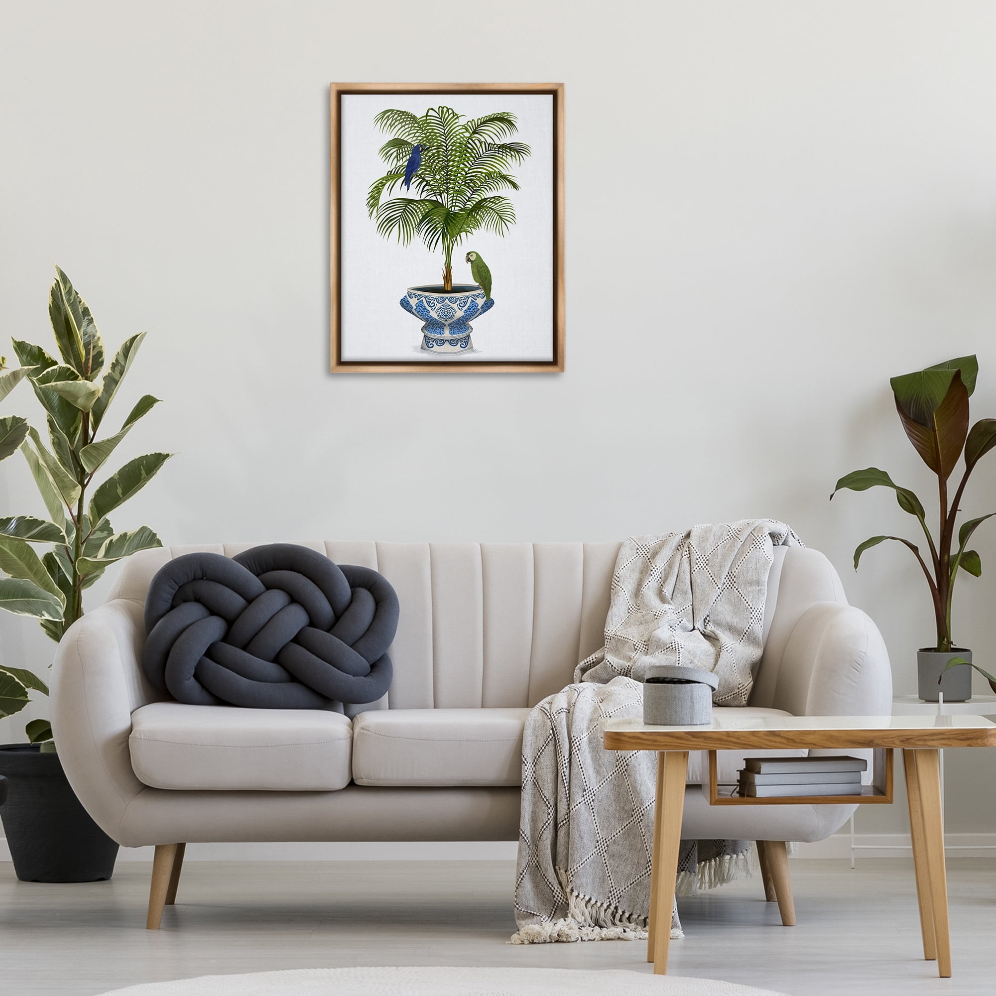 Stupell Industries Parrots on Ornate Planter Botanical & Floral Painting Brown Floater Framed Canvas Art Print Wall Art, 25 x 31