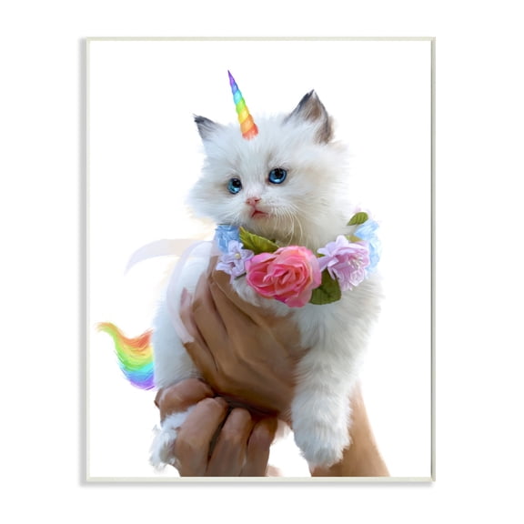 Stupell Industries Floral Kitten Fantasy Feline Rainbow Horn and Tail Wall Plaque Design by Ziwei Li