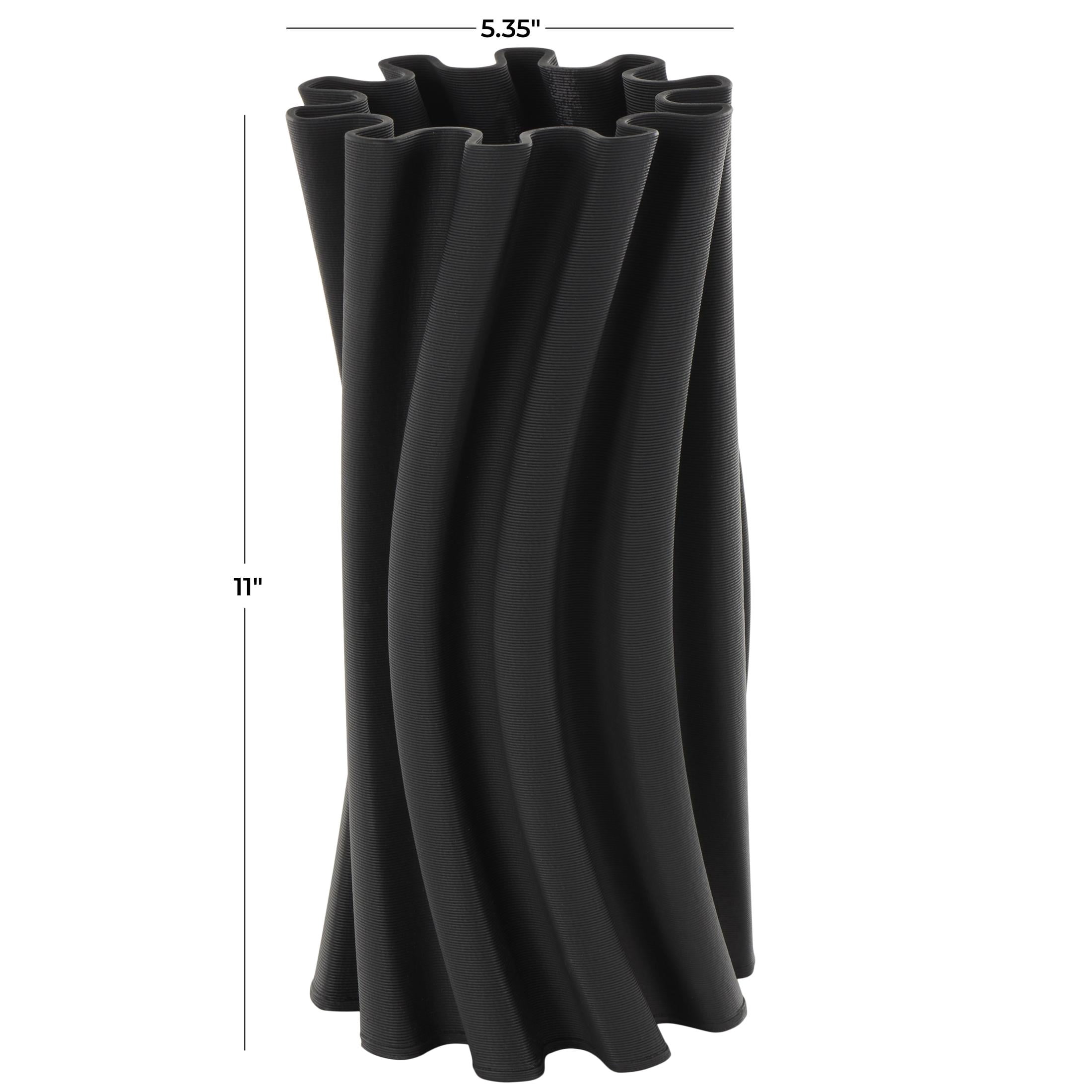 DecMode 11" Abstract Curvy Ribbed Black Ceramic Vase with Floral Shaped Rim