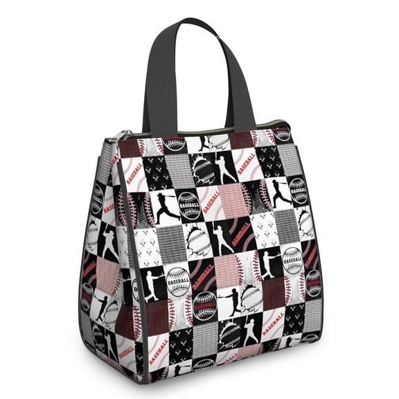 Baseball Patchwork Pattern Insulated Lunch Bag for Women & Adults,Large Portable Soft Cooler Lunch Bag,Thermal Food Storage Tote with Pearl Cotton,8.66L,8.75x5.75x9.5 Inch