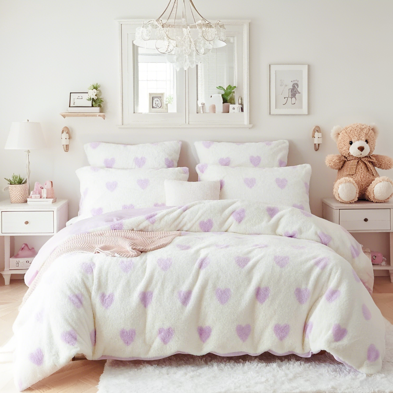 JOLUSERE Fluffy Flannel Duvet Cover Queen Set, 3-Piece Faux Rabbit Fur Luxury Cozy Warm Winter Bedding Set,Purple Heart White