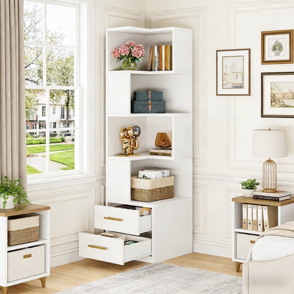 Fnova Bibliothèque d'Angle de 70 Pouces avec Étagères de Rangement Ouvertes à 4 Niveaux, 2 Tiroirs, Grande Étagère à Livres Bibliothèque pour Salon, Bureau à Domicile, Chambre