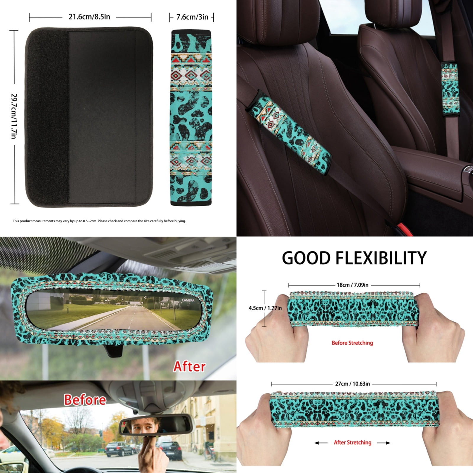 Jeiento Aztec African Tribal Car Interior Sets Car Front Back Seat Covers Steering Wheel Cover Seatbelt Shoulder Pad Trash Bin Cow Print Rearview Mirror Cover Coasters Keychain Lipstick Holder 13pcs