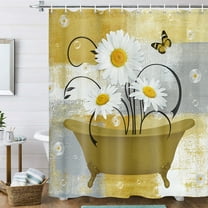 Rustic Farmhouse Floral Shower Curtain, Yellow Daisy Flowers and Butterfly Bathtub Farm Retro Shower Curtain, Yellow Grey Abstract Art Fabric Shower Curtain for Bathroom with 12PCS Hooks, 70X70IN
