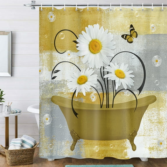Rustic Farmhouse Floral Shower Curtain, Yellow Daisy Flowers and Butterfly Bathtub Farm Retro Shower Curtain, Yellow Grey Abstract Art Fabric Shower Curtain for Bathroom with 12PCS Hooks, 70X70IN