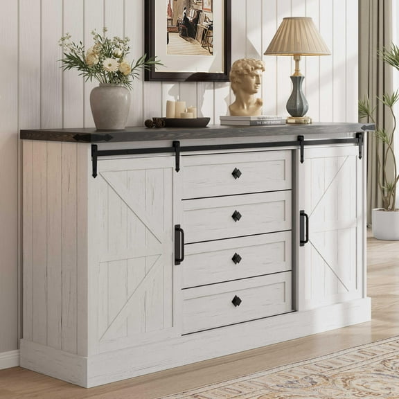Huisuilinss 4 Drawer Dresser For Bedroom,Chests Of Drawers,Wood Dresser Double Dresser With Sliding Barn Doors,Farmhouse TV Stand,Sideboard Buffet Cabinet With Bar Handles For Closet Living Room