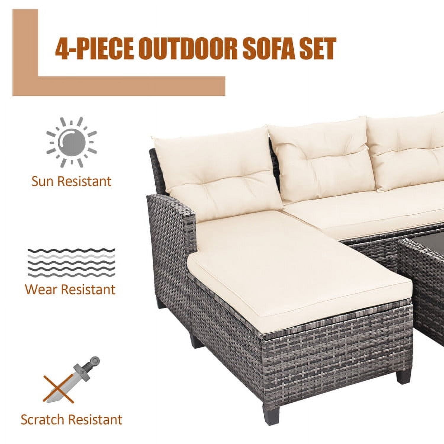 Aimee Lii 4 Pieces Patio Rattan Furniture Set with Cushion and Table Shelf, Outdoor Deck Furniture, Off White Aimee Lii 4 Pieces Patio Rattan Furniture Set with Cushion and Table Shelf, Outdoor Deck Furniture, Off White