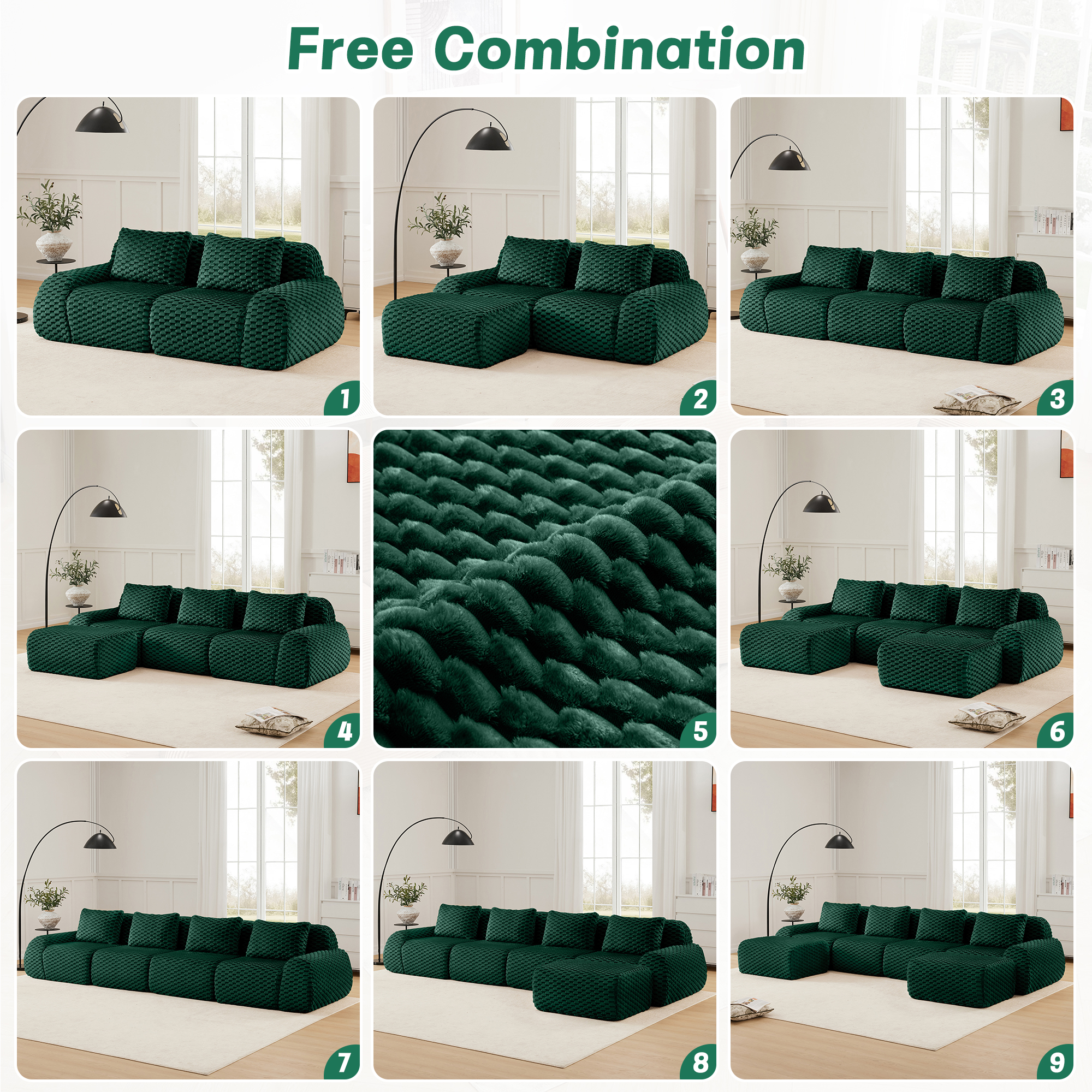 MAYEERTY 114" Modern U-Shaped Sofa, Textured Flannelette, Movable Ottoman, Cloud Comfort, No Assembly, Green