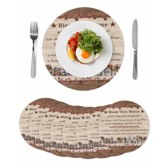 Round Woven Placemats set of 8, Brown Farmhouse Barn Stars Washable&Heat Resistant Plastic Wipeable Placemats for Round Table Vintage Country Wood Texture Kitchen Dining Table Decor, 15in,