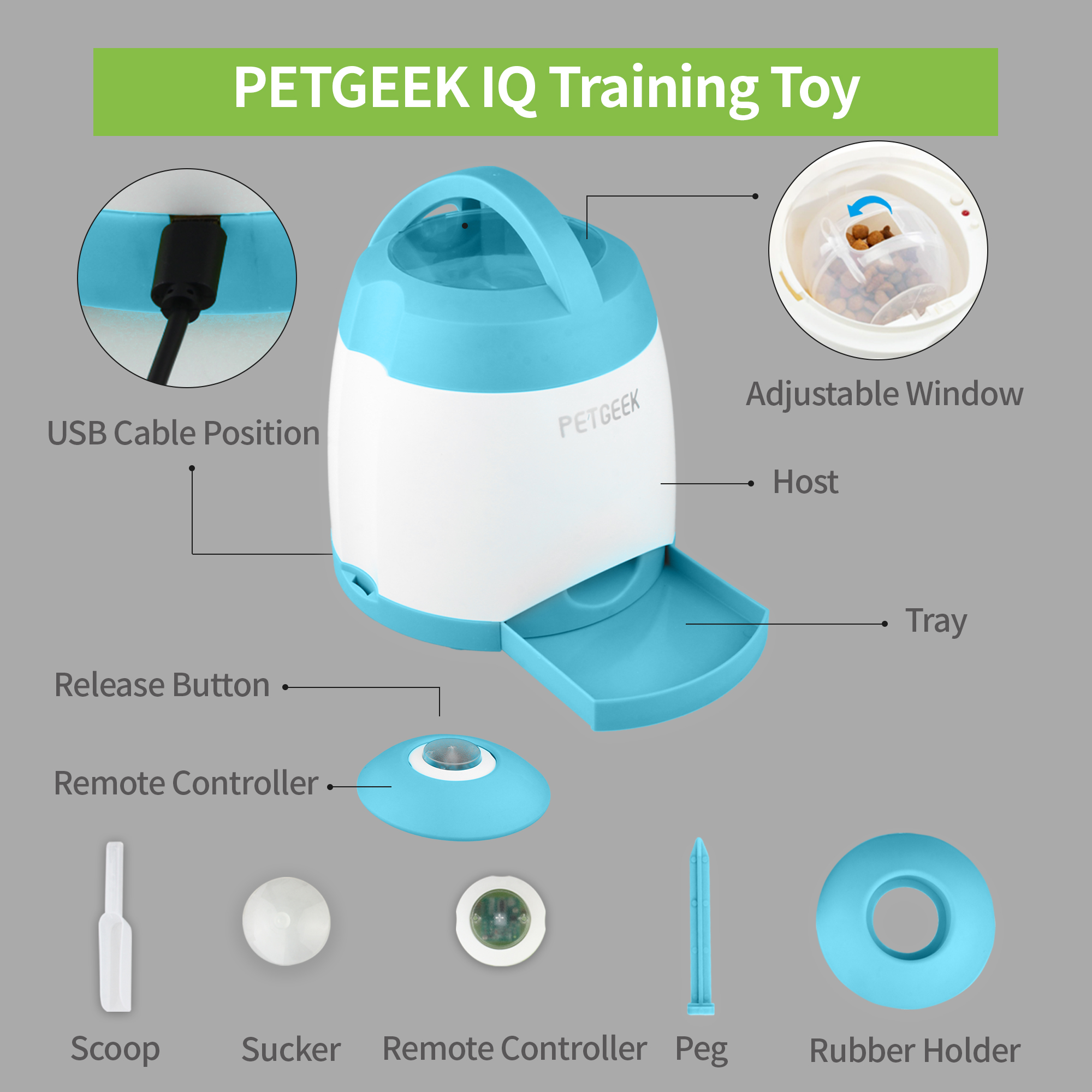 PETGEEK Automatic Dog Treat Dispenser, Interactive Pet Toy Food Dispensing for IQ Training, Dog Food Dispenser with Button Remote Push, Dual Power Supply for Indoor