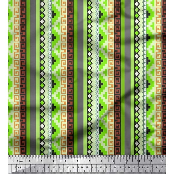 Soimoi Velvet Fabric Stripe & Greek Key Geometric Print Fabric by the Yard 58 Inch Wide