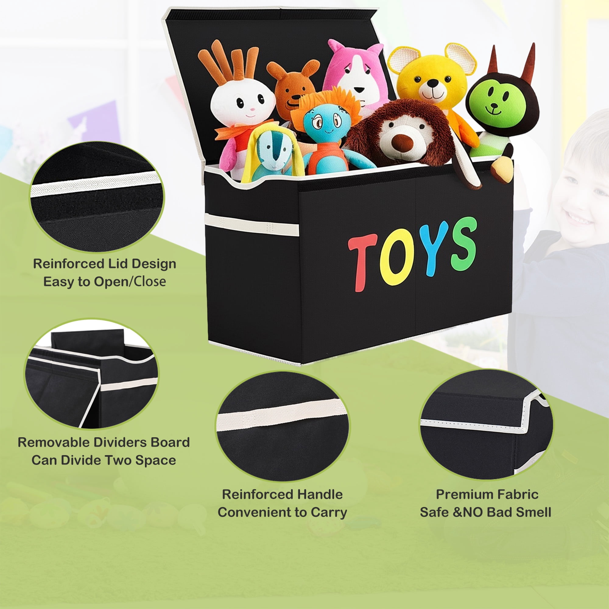VICTORICH Extra Large Children's Collapsible Toy Storage Fabric 32 gal Kids Room Toy Chests with Lid, Black