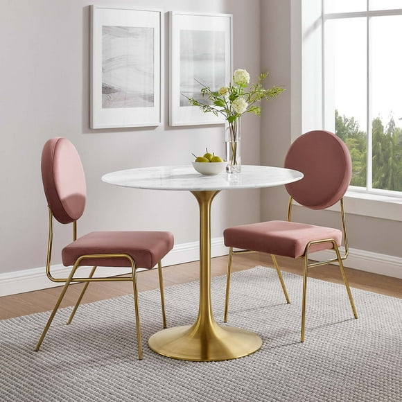 Modway Lippa 36" Round Faux Marble & Metal Dining Table in Gold and White