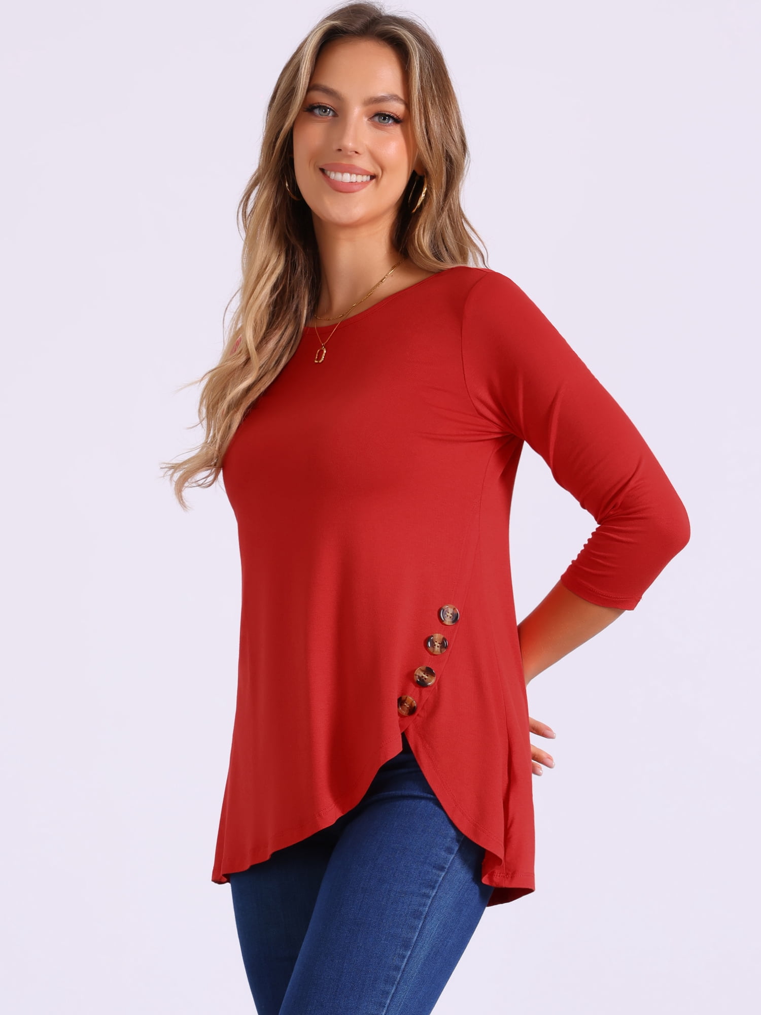 DARING DIVA Women's Casual Stretchy Tunic Asymmetric Hem Top XS Red