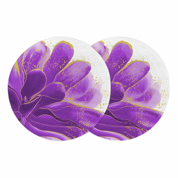 Purple Gold Round 15 Inch Placemats Set of 2, Abstract Flower Ombre Aesthetics Paint HeatResistant Non Slip Place Mats for Dining Table, Wipeable Braided Kitchen Table Mats for Housewarming