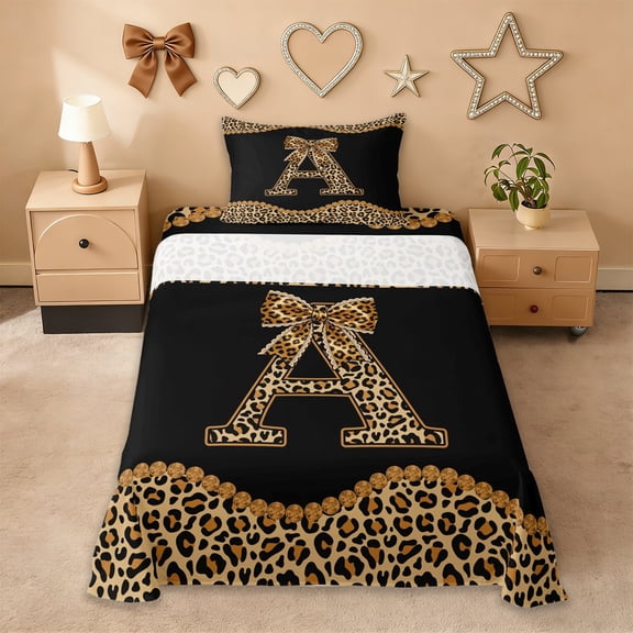Erosebridal Fashion Women Letter A Theme Twin Sheet Sets,Kids Leopard Print Bows Bedding For Cheetah Lovers 3 Pieces