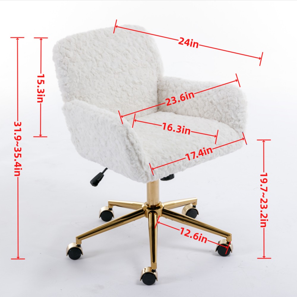 Office Chair, Faux Rabbit Fur Home Office Desk Chair with Golden Metal Base, Adjustable Height, 360° Swivel Reclining Vanity Chair, Black