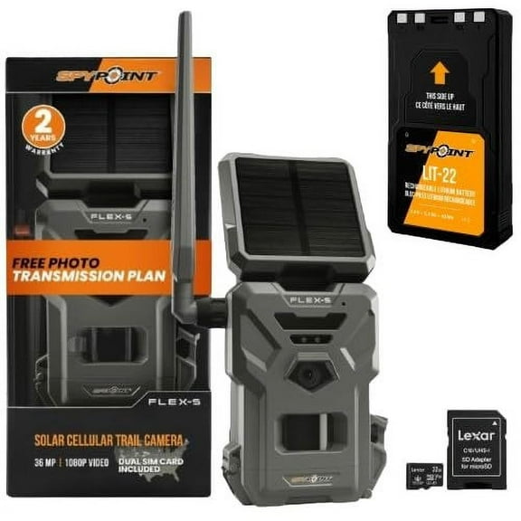 SPYPOINT Flex-S Solar Cellular Hunting Trail Camera, Integrated Solar Panel, On-Demand Capable, LTE Connectivity, 100-foot Flash/Detection Range, Internal Battery   SD Card   LIT-22 Battery