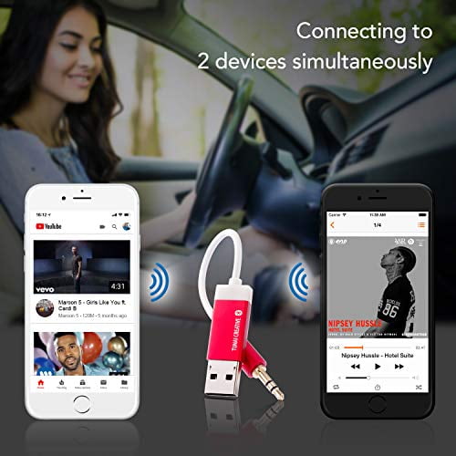 Premium Pack No Charging Needed TUNAI Firefly Bluetooth Receiver: World/’s Smallest USB Wireless Audio Bluetooth 4.2 Adapter with 3.5mm AUX for Car//Home Stereo Music Streaming; Auto On Red
