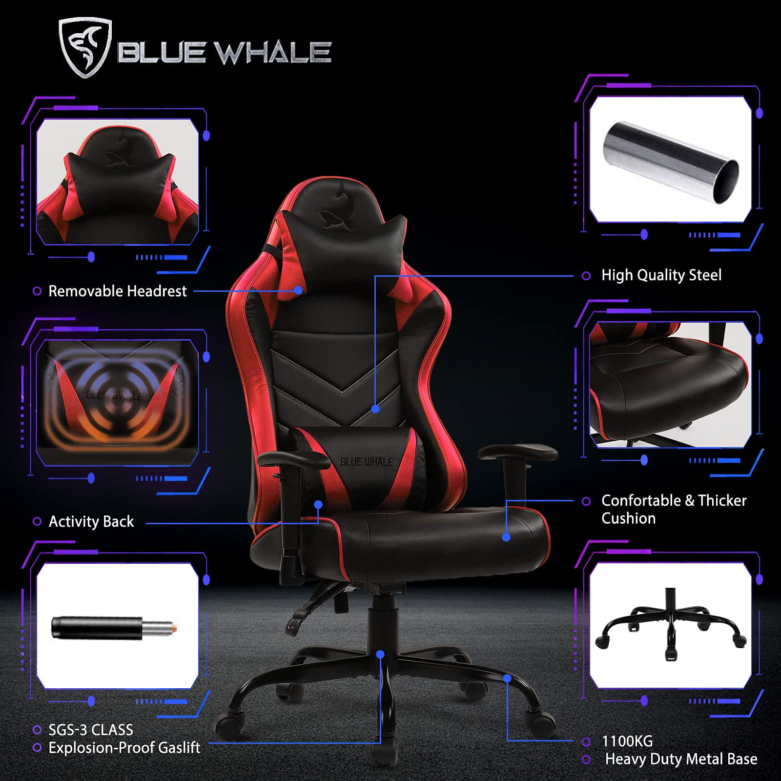 Blue Whale Heavy Duty Gaming Chair for Adults and 350LBS Reinforced  Base,Thickened Seat Cushion, Adjustable Armrest, Big and Tall Ergonomic  Office