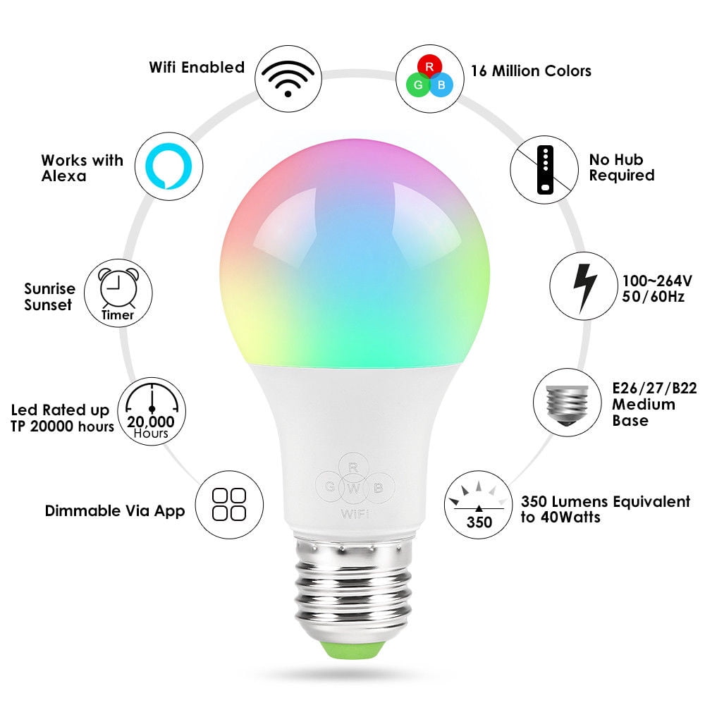 Highly Compatible WiFi LED Bulb WiFi Light Bulb,for Home,for Alexa Google Home App Control,for Office 5 Pieces