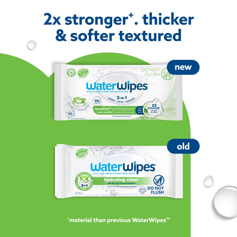 WaterWipes Sensitive Hydrating Boost Wipes, 3-In-1 Cleans, Cares, Hydrates,  99% Water with Aloe Vera, Unscented & Hypoallergenic Baby Wipes, 2 Packs  (120 Wipes) - Walmart.com