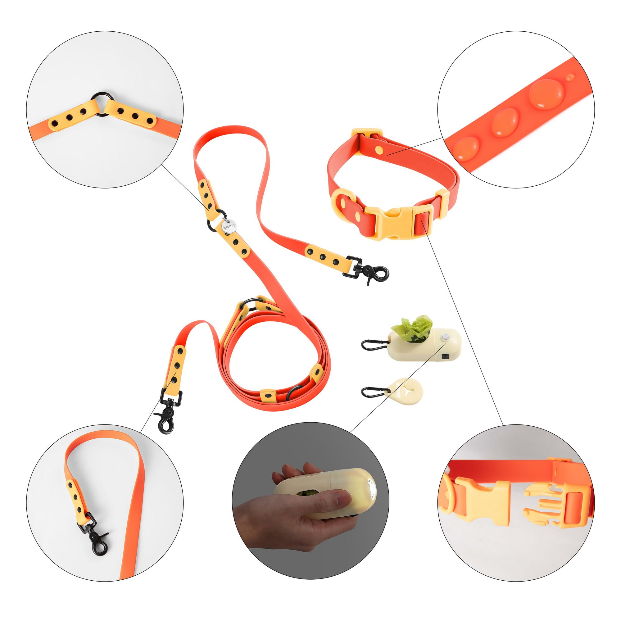 THE LICKER STORE Luna Medium 8FT Adjustable 6-in-1 Waterproof Hands-Free Leash and Collar with LED Flashlight, Bag Dispenser, and Poop Bag Holder, Dark Orange/Light Orange, WLK1005A-5SET