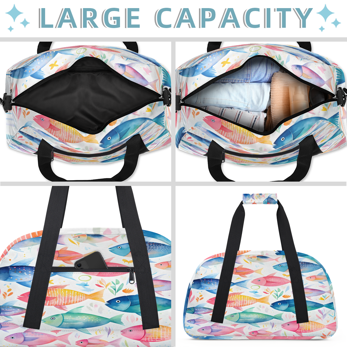 Herdesigns Colorful Fish Sports Duffle Bag for Women & Men, Ocean Fish Gym Bag Dance Bag Overnight Bag Carry On Weekender Travel Bag