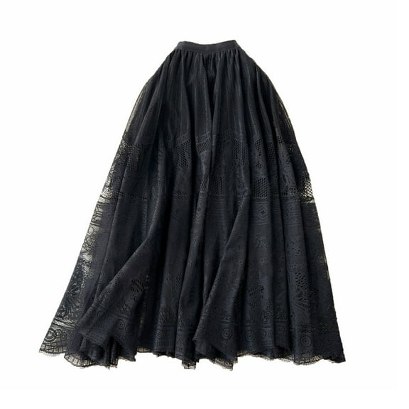 Women Vintage Skirts Lace Eyelet Knit Skirts High Waist Dress A-Lined Skirt Pleated Flowy Skirts