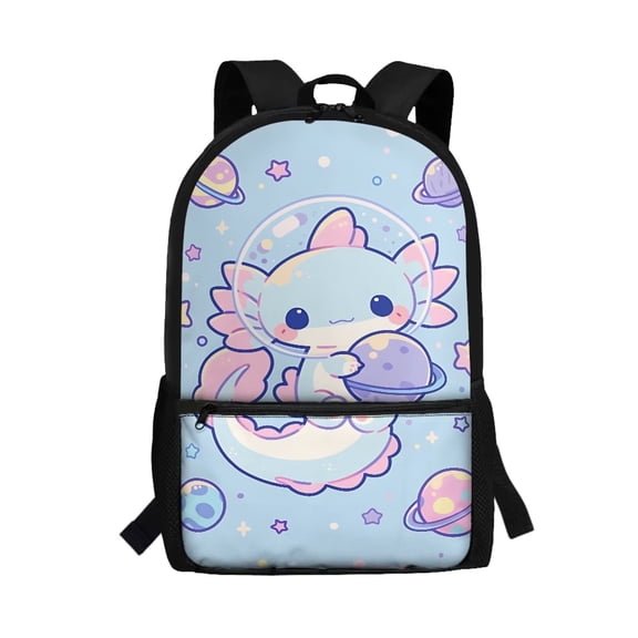 Binienty Cute Axolotl Space Print School Backpack for Kids Elementary Students 17 Inch Large Capacity Bookbag with Customizable Shoulder Straps Front Zipper Pocket for Back to School Gifts