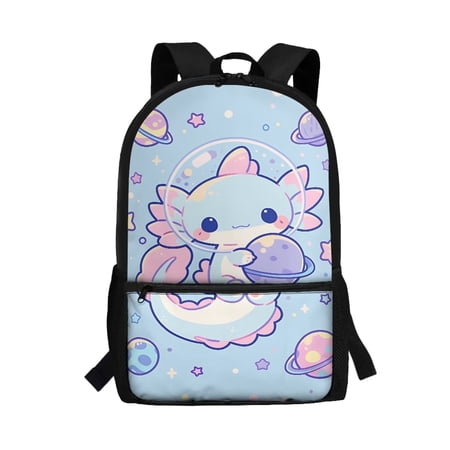 Binienty Cute Axolotl Space Print School Backpack for Kids Elementary Students 17 Inch Large Capacity Bookbag with Customizable Shoulder Straps Front Zipper Pocket for Back to School Gifts