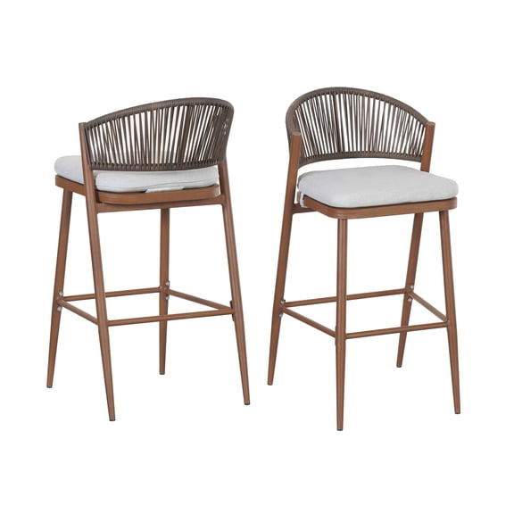 Aluminum Outdoor Barstools Set of 2 with Scallop Backrest and Cushion, Teak Finish for Patio Bar Dining