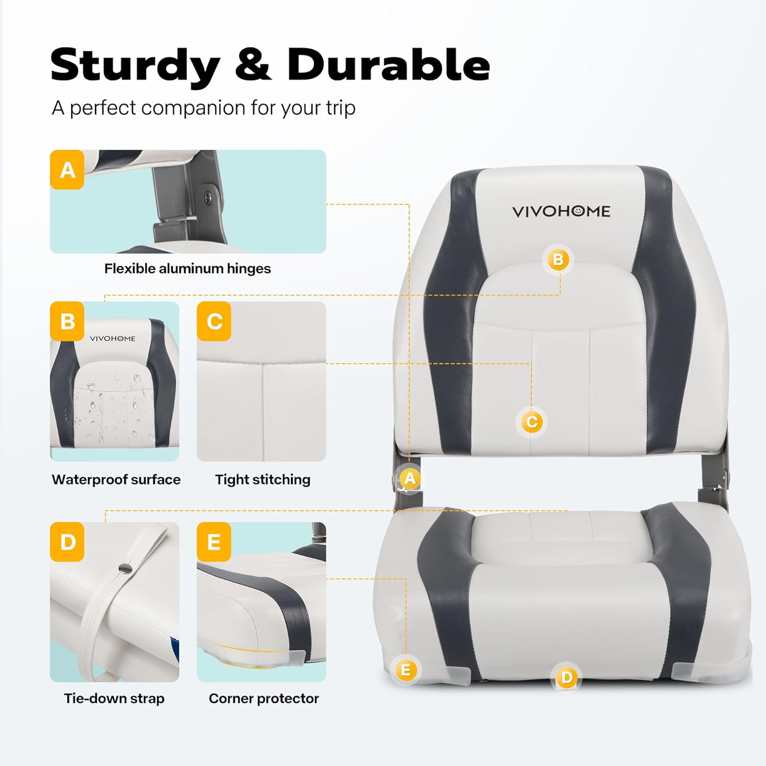 SPECSTAR Folding Low Back Boat Seats 2 Pack, Waterproof Boat Captain Chairs, 4 Mounting Screws Included, White and Gray
