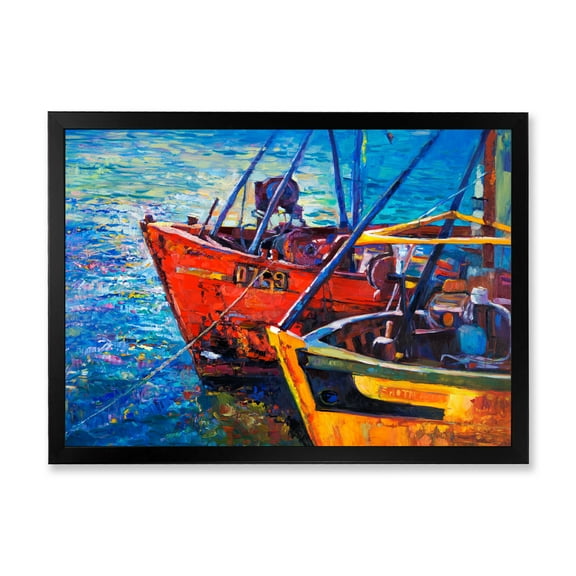 Designart 'Boats During Warm Sunset Resting On The Water VII' Nautical & Coastal Framed Art Print