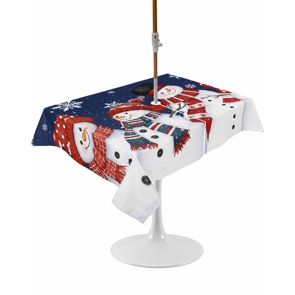 Outdoor Table Cloth with Umbrella Hole and Zipper, Navy Blue Christmas Snowman Waterproof Rectangle Tablecloth 60"x102", Snowflake Winter Washable Table Cover for Outside Party Patio Picnic