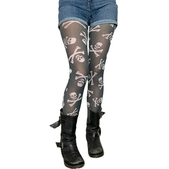Black and White Patterned Tights Skulls and Bones for Women