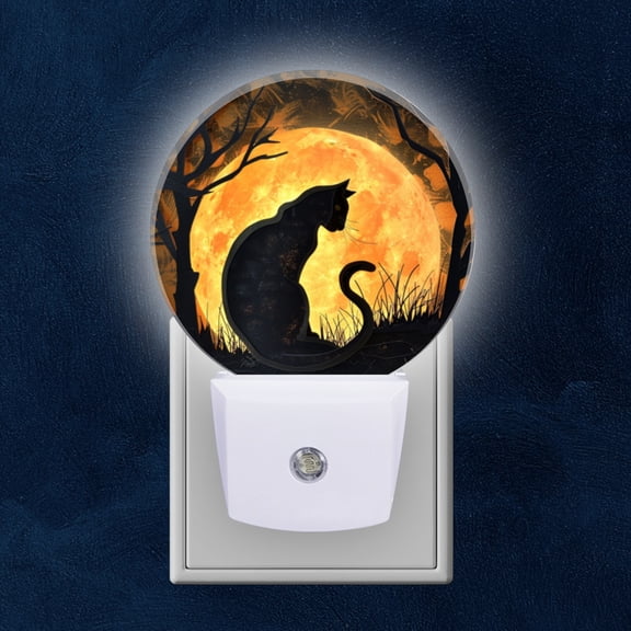Night Light Plug into Wall,Dusk to Dawn Sensor Auto-On/Off for Bathroom, Hallway,Kids Room-Black Cat Silhouette Sitting In Front Of The Full Moon