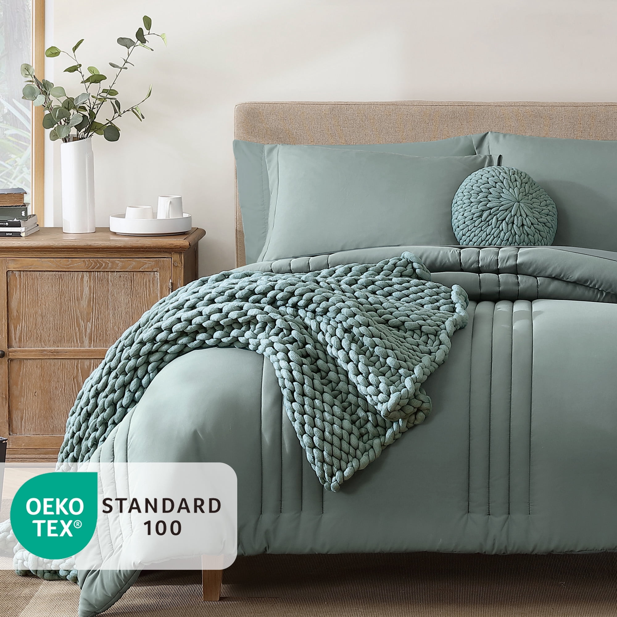 Catami 7-piece Bed in a Bag Comforter Set with Sheets,Sage Green,Queen