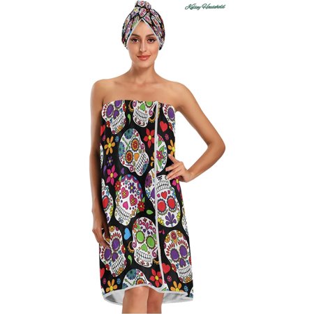 Women's spa towel bag set 3 pieces, Sugar Skull flower bathrobe shower body bag, with adjustable seal